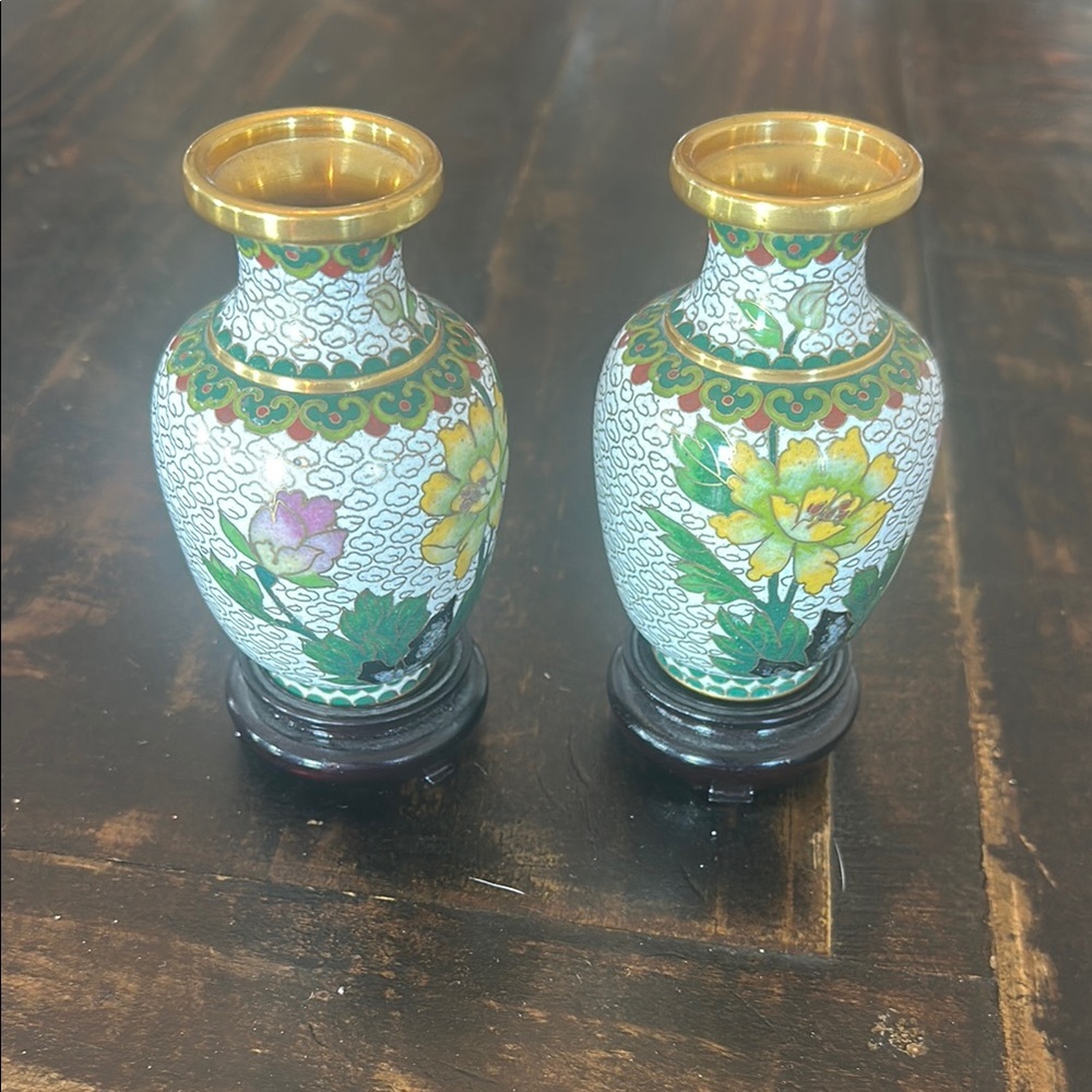 Green and Yellow Cloisonné Vases with Intricate Accents